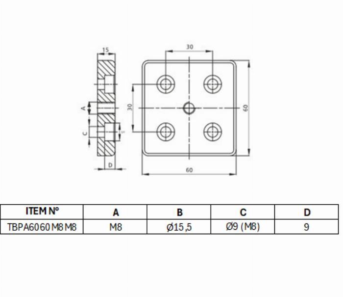 Szállítás és alaplemez alumínium 60x60 B-Type slot 8 [M8]