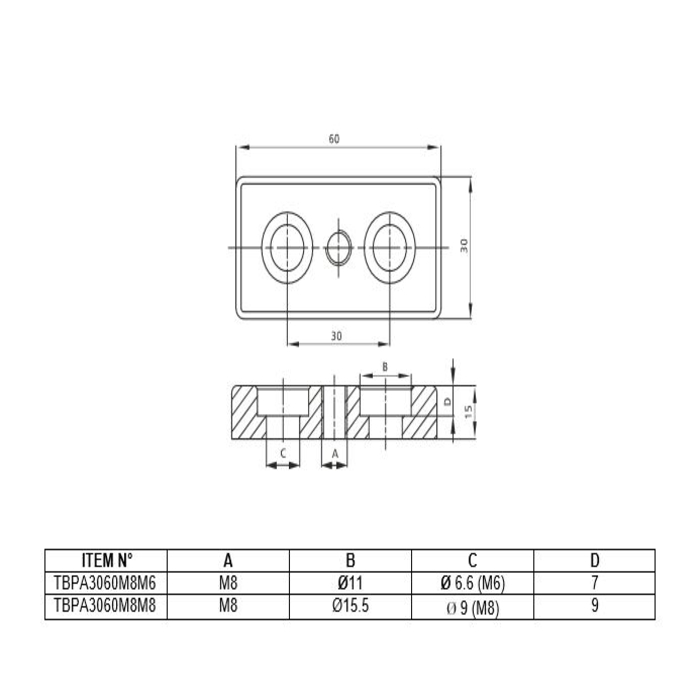 Szállítás és alaplemez alumínium 30x60 B-Type slot 8 [M8]