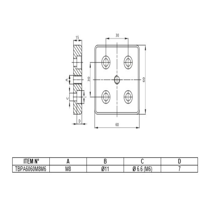 Szállítás és alaplemez alumínium 60x60  I-típusú nyílás 6 [M8]