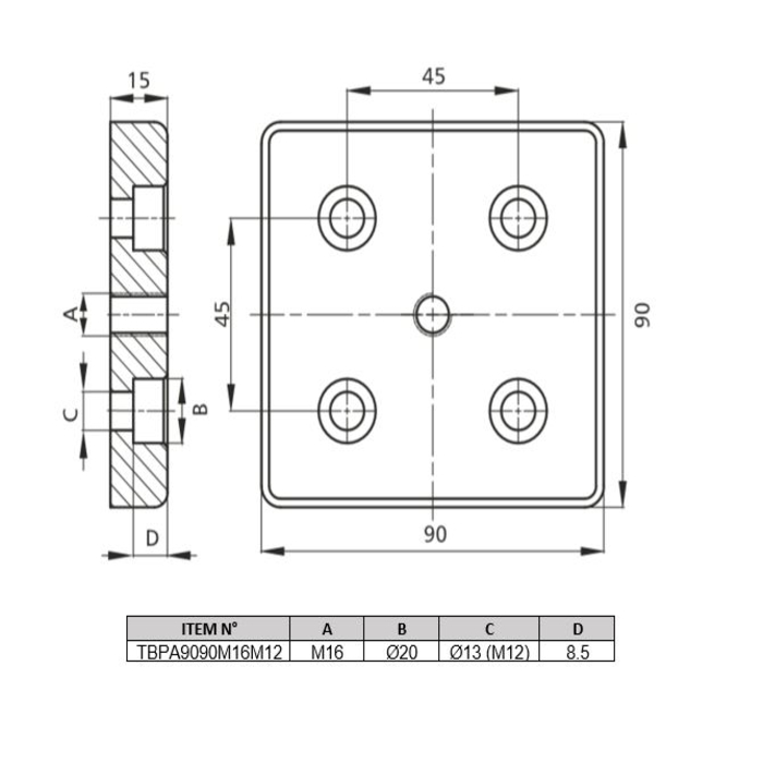 Szállítás és alaplemez alumínium 90x90 [M16]